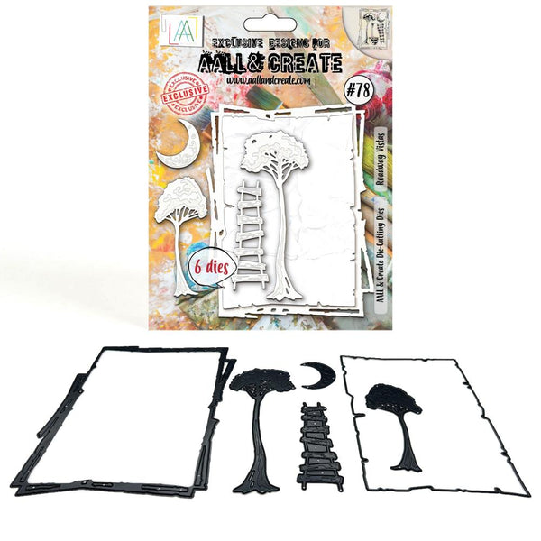 A set of die-cutting dies for papercrafting, including various shapes and sizes, displayed on a package and assorted on a flat surface.