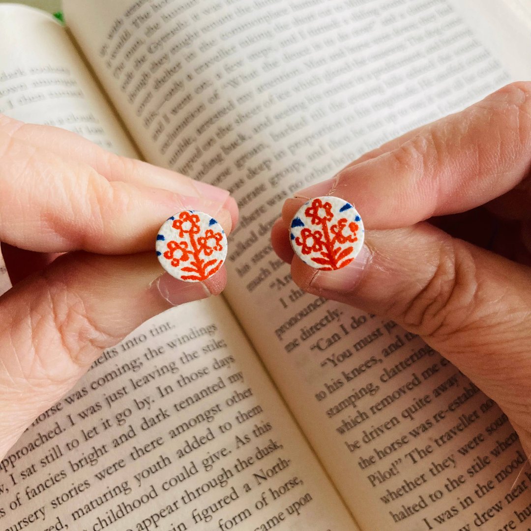 Blue with Red Flower Vintage Book Cover Post Earrings