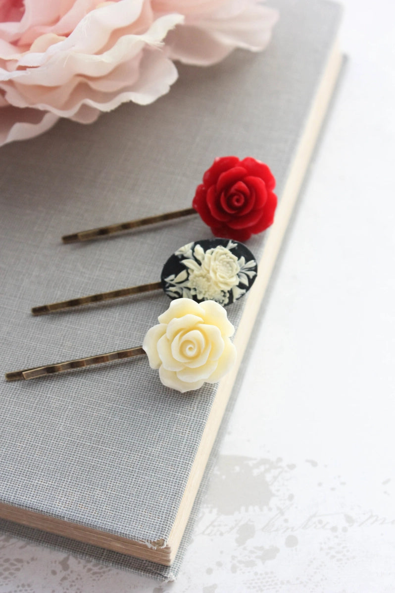 Épingles à cheveux rose rouge et noire {Ensemble de 3}