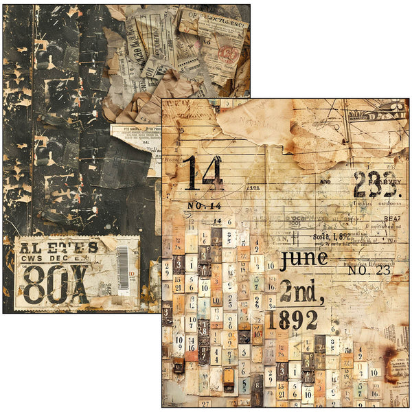 Collage of vintage-style paper textures with numbers and text.