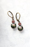 Vintage Glass Earrings - Little Pink Rose Cameo on Black