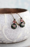 Vintage Glass Earrings - Little Pink Rose Cameo on Black