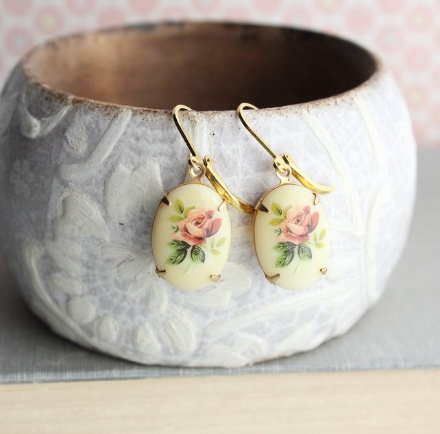 Vintage Style Red Rose Cameo Drop Earrings