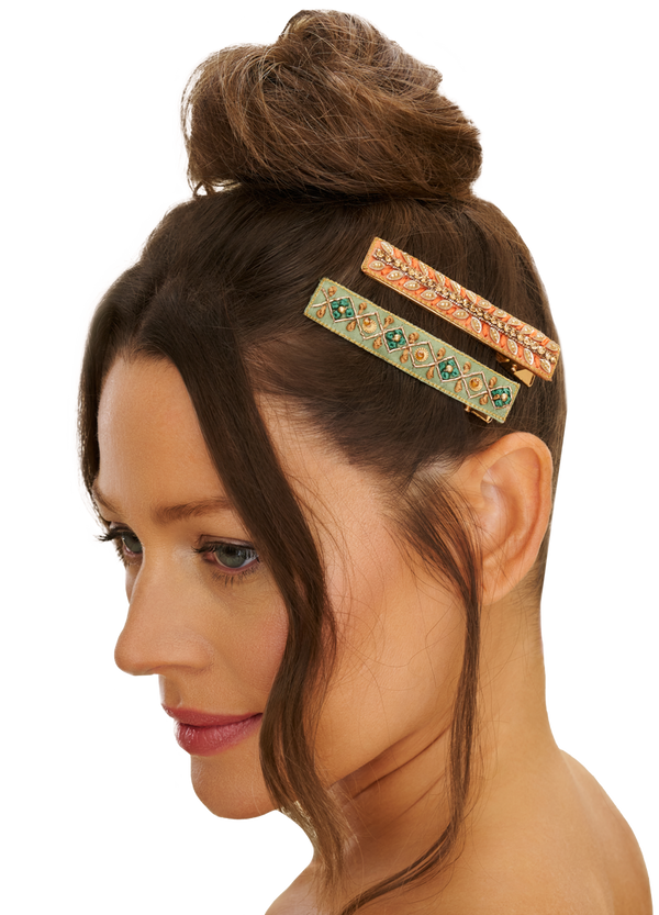 Ribbon + Stripe Set of 2 Narrow Jewelled Hair Bar Clips in Sage + Coral
