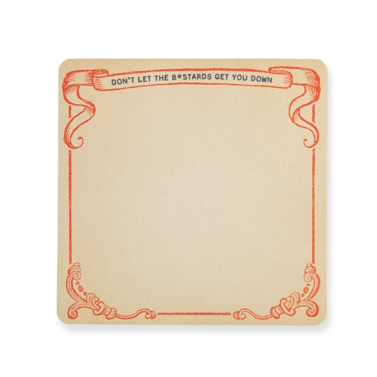 Note pad with decorative border and text on a white background