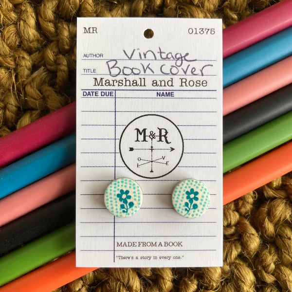 Turquoise Flower Vintage Book Cover Post Earrings