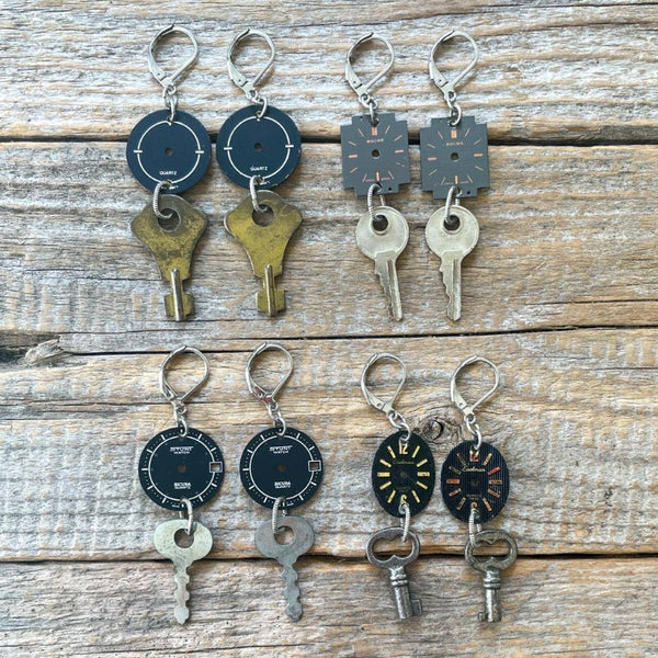 Vintage Watch Dial + Key Earrings