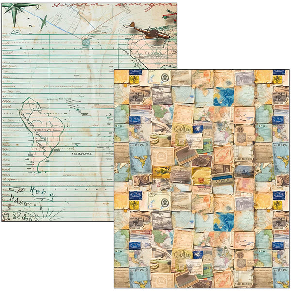 Collage of vintage maps and travel documents with a plane icon on a white background.