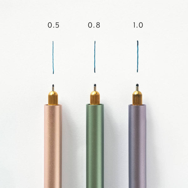 Three pens with different nib sizes labeled 0.5, 0.8, and 1.0 on a white background.