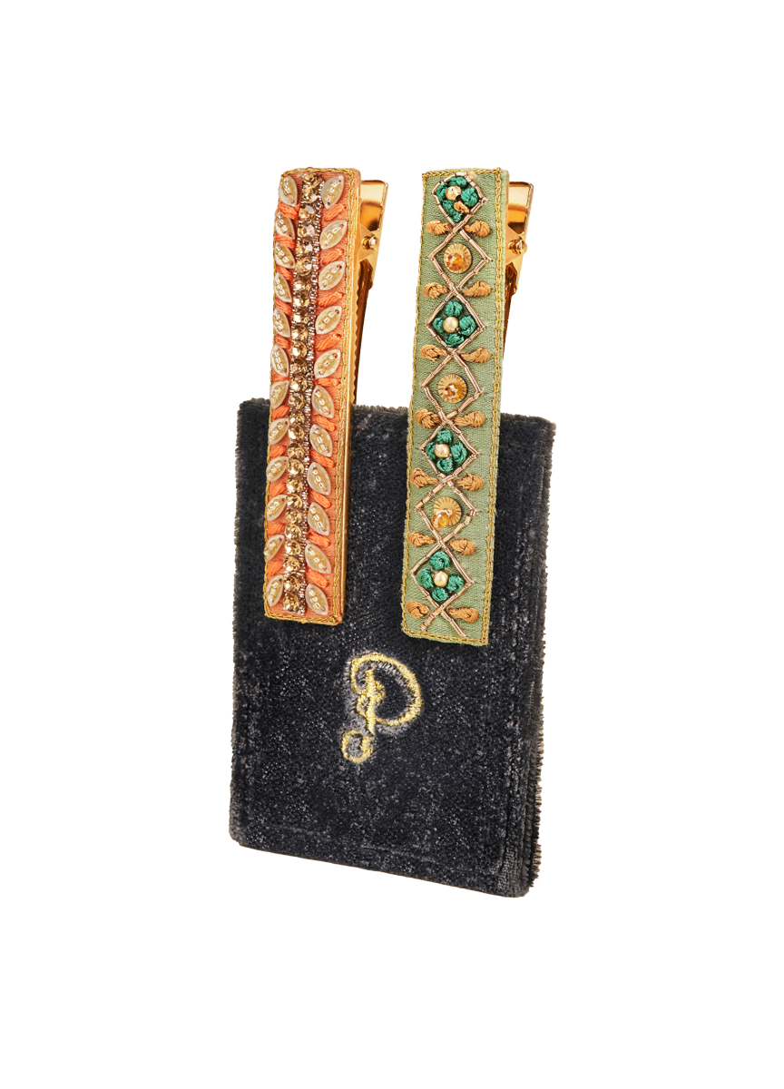 Ribbon + Stripe Set of 2 Narrow Jewelled Hair Bar Clips in Sage + Coral