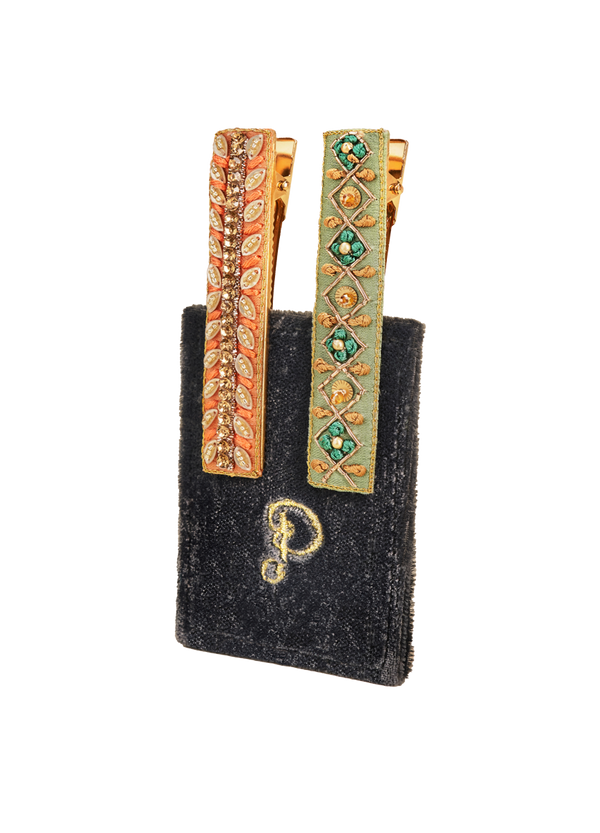 Ribbon + Stripe Set of 2 Narrow Jewelled Hair Bar Clips in Sage + Coral