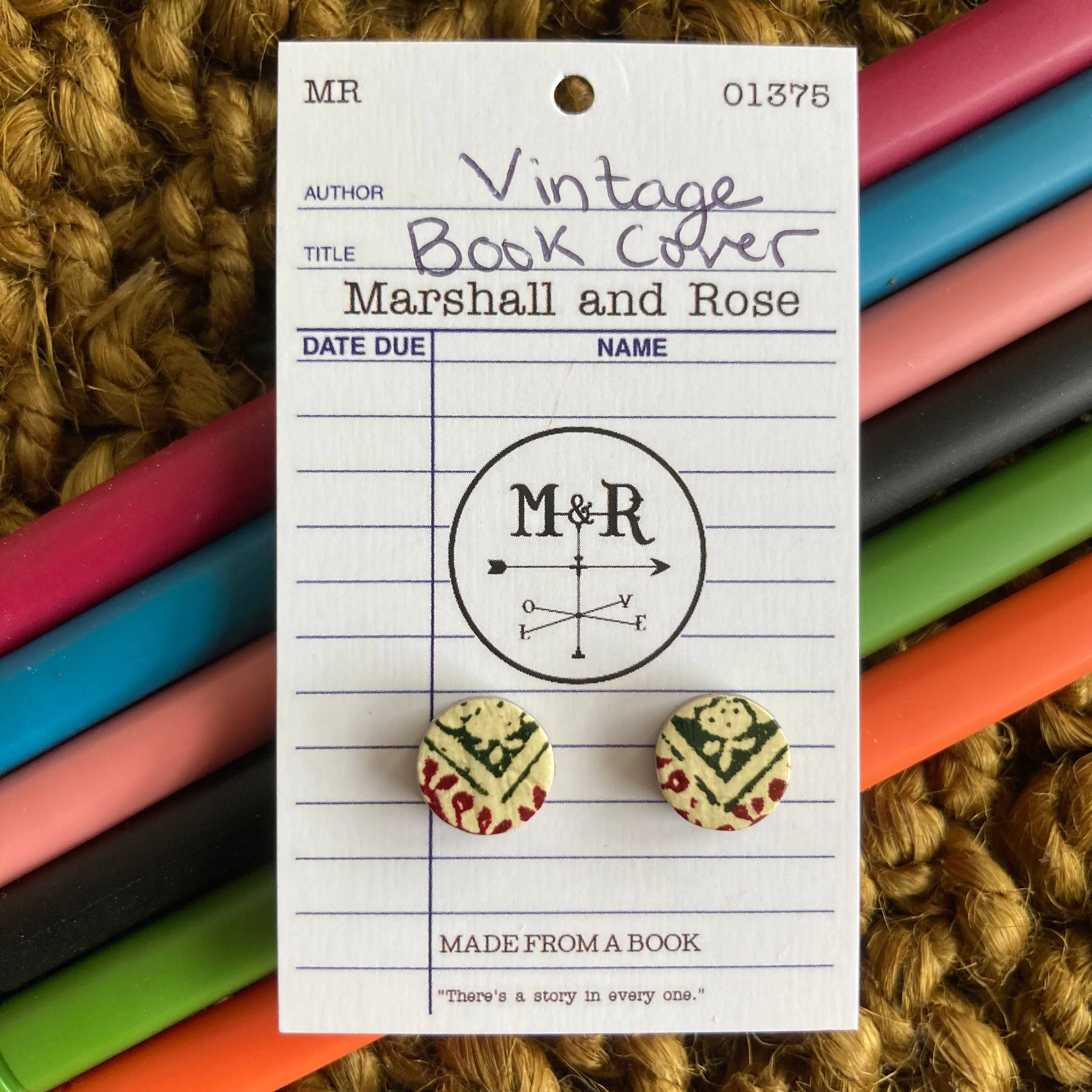 Dark Green and Wine Vintage Book Cover Post Earrings