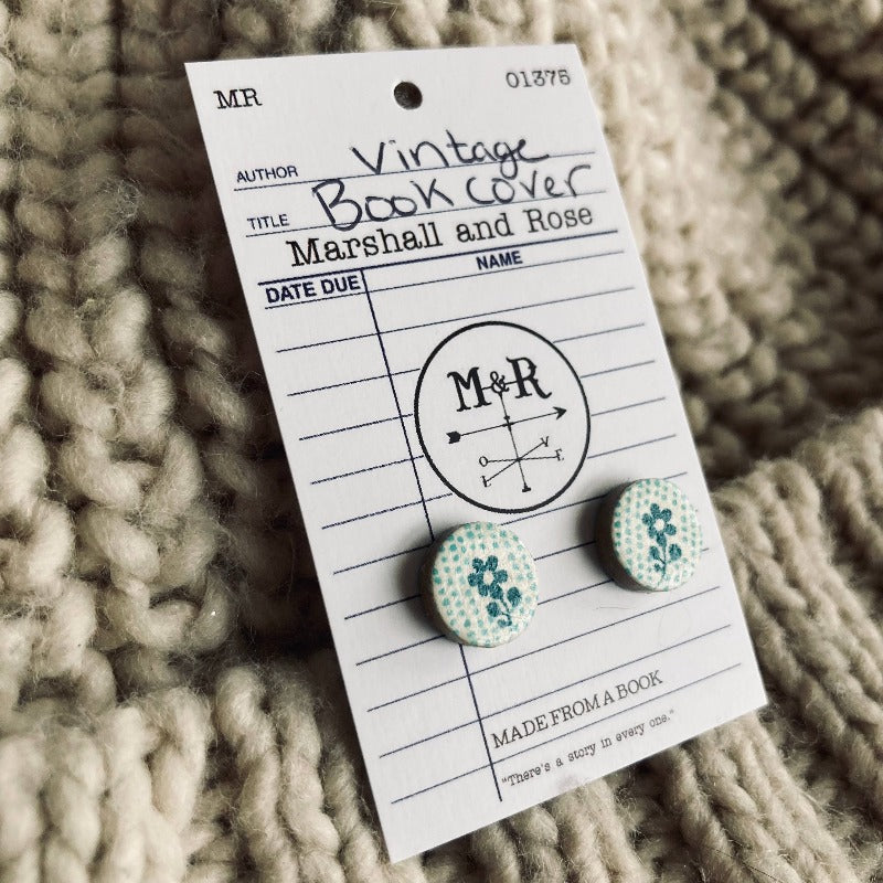 Turquoise Flower Vintage Book Cover Post Earrings