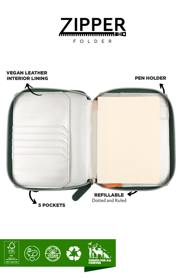 Moss Vegan Leather Zippered Portfolio Notebook | Ruled