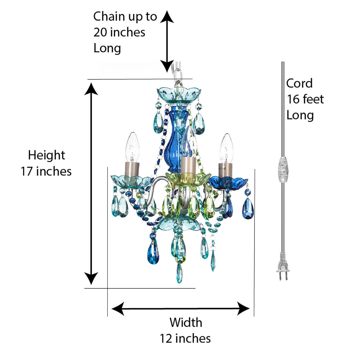 Blue & Green 3-Light Plug-in Chandelier