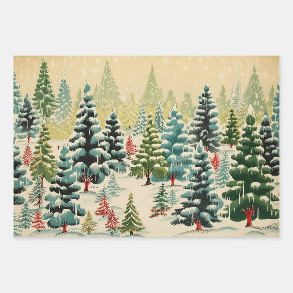 Vintage Painted Trees Christmas Wrapping Paper Trio