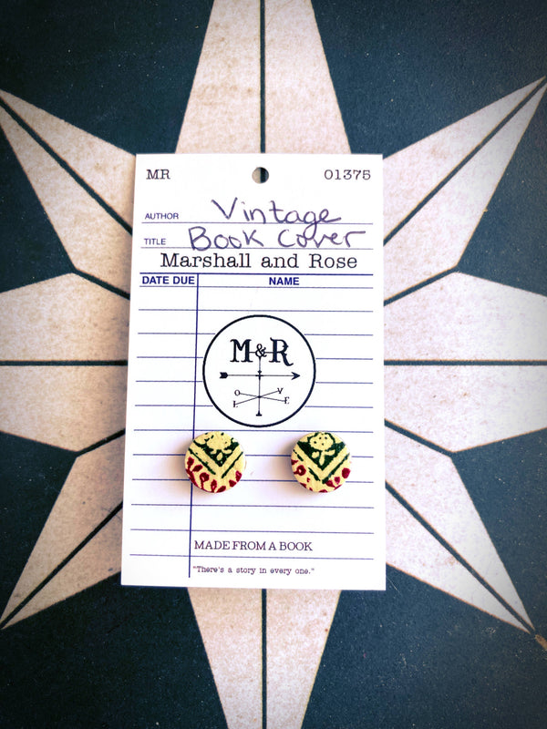 Dark Green and Wine Vintage Book Cover Post Earrings