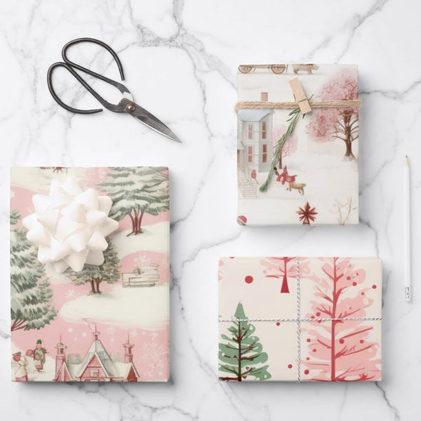 Vintage Pink Christmas Wrapping Paper Trio