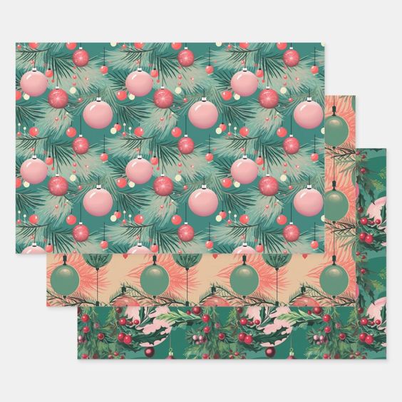 Mid-Century Pink Christmas Wrapping Paper Trio