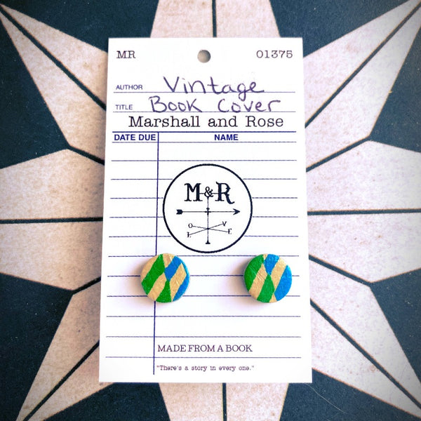 Green & Blue Mod Vintage Book Cover Post Earrings