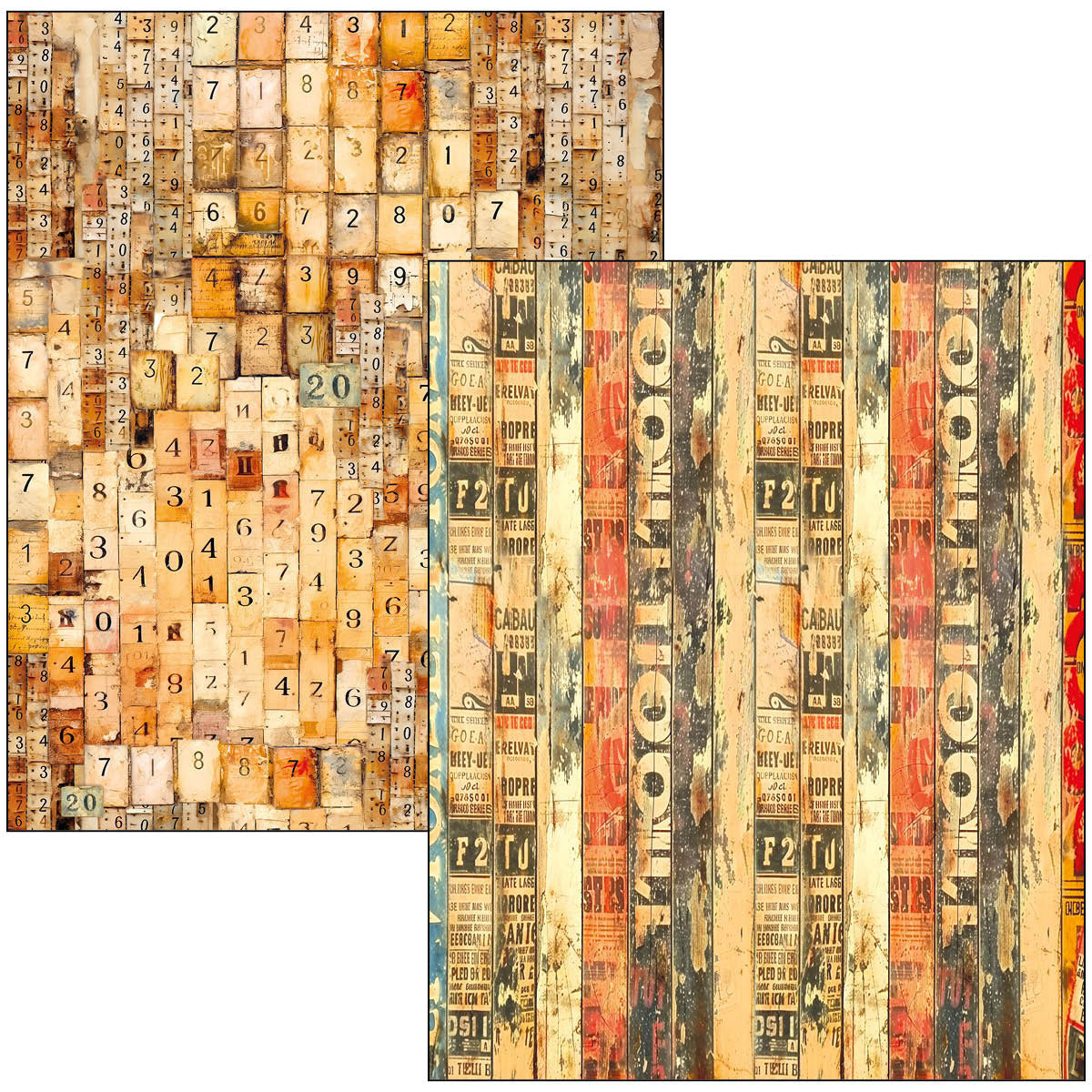Two patterned paper designs with vintage newspaper and wooden block textures.