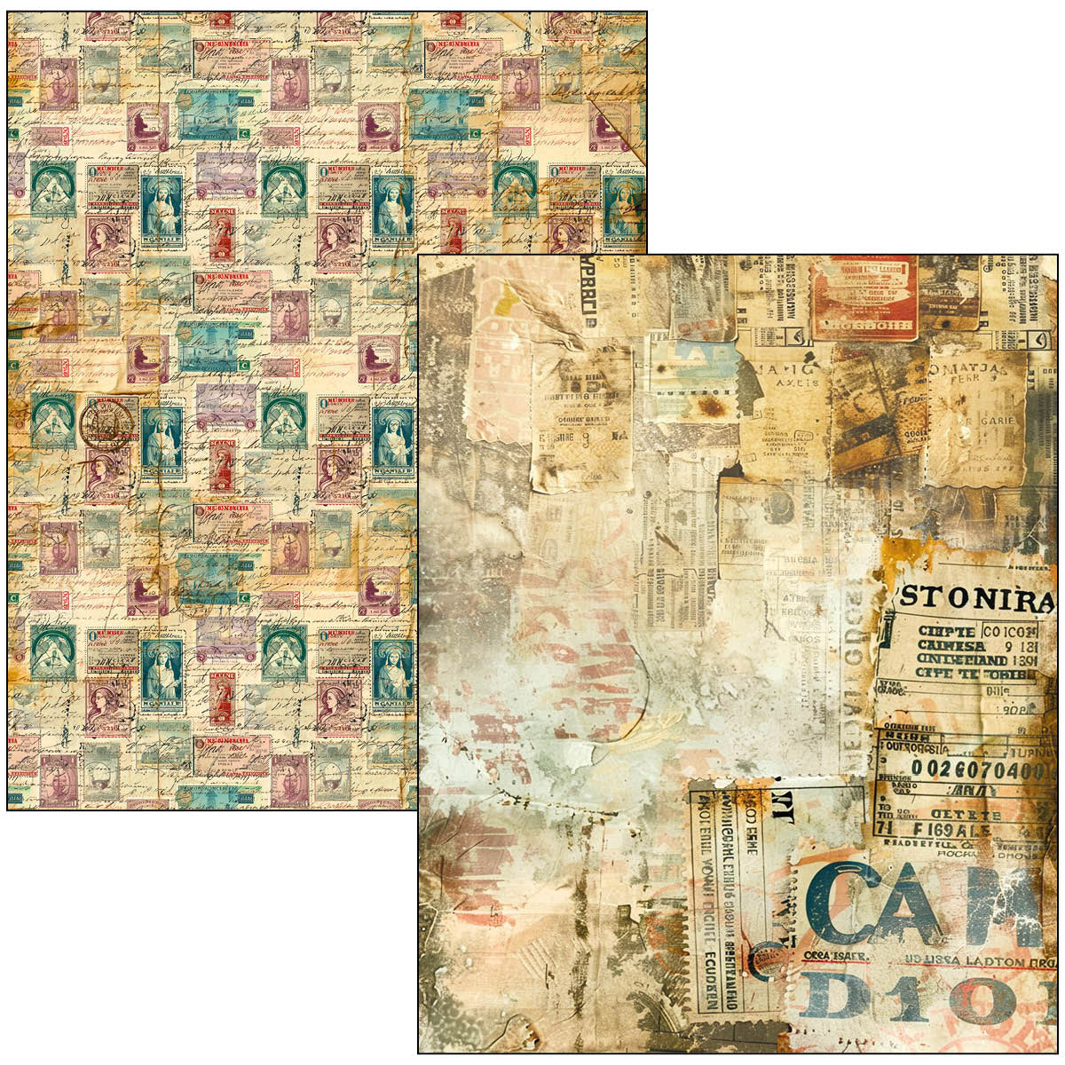 Two sheets of vintage-style paper with collage patterns and text.