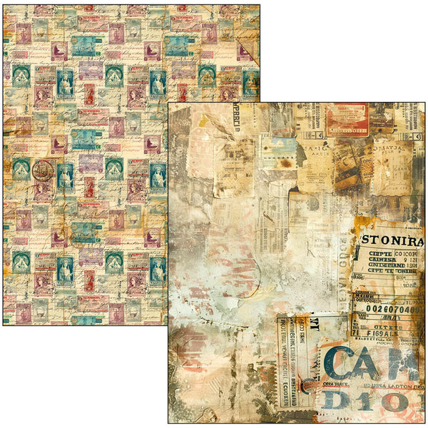 Two sheets of vintage-style paper with collage patterns and text.