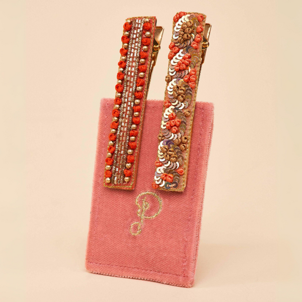 Coral Ovals & Beads Narrow Jewelled Hair Bar Set