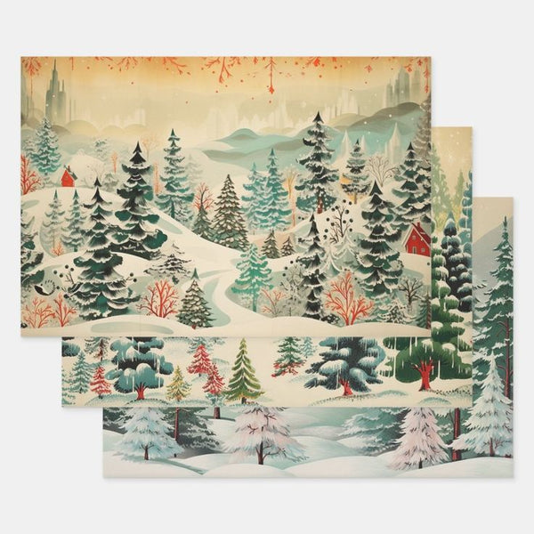 Vintage Painted Trees Christmas Wrapping Paper Trio