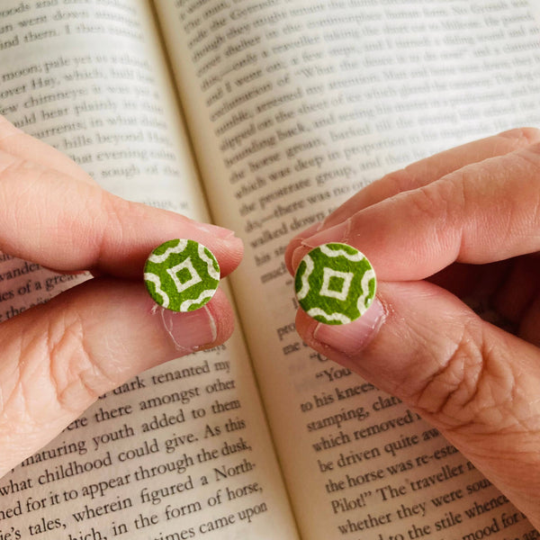 Vintage Book Cover Earrings Green and White Post