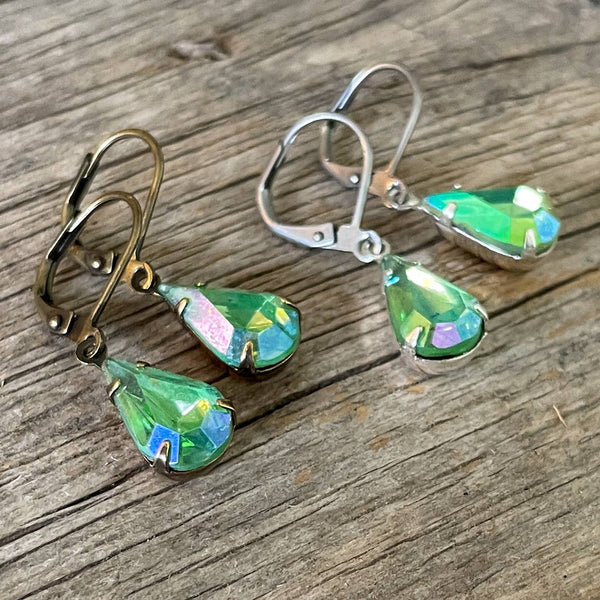 Peridot AB Vintage Glass Rhinestone Earrings