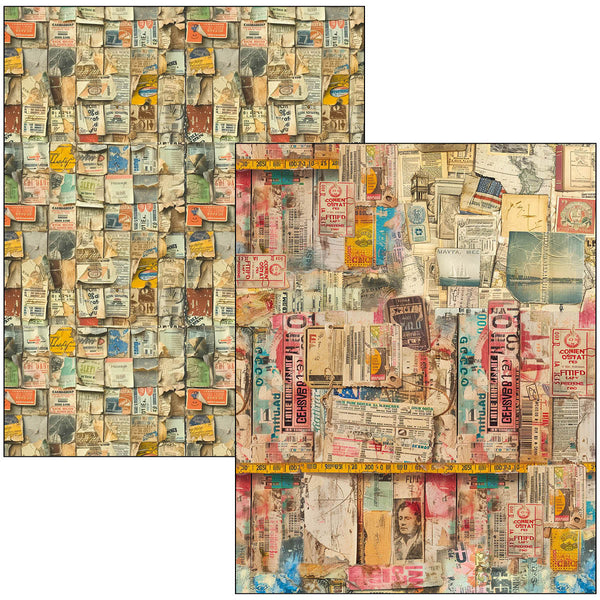 Two collage papers with vintage newspaper clippings with a measuring tape overlay