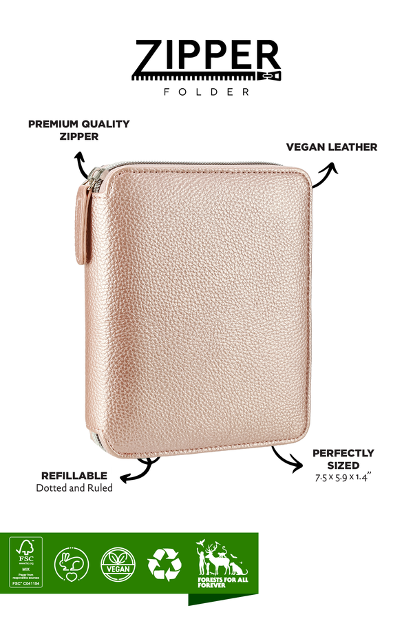 Rose Gold Vegan Leather Zippered Portfolio Notebook | Ruled