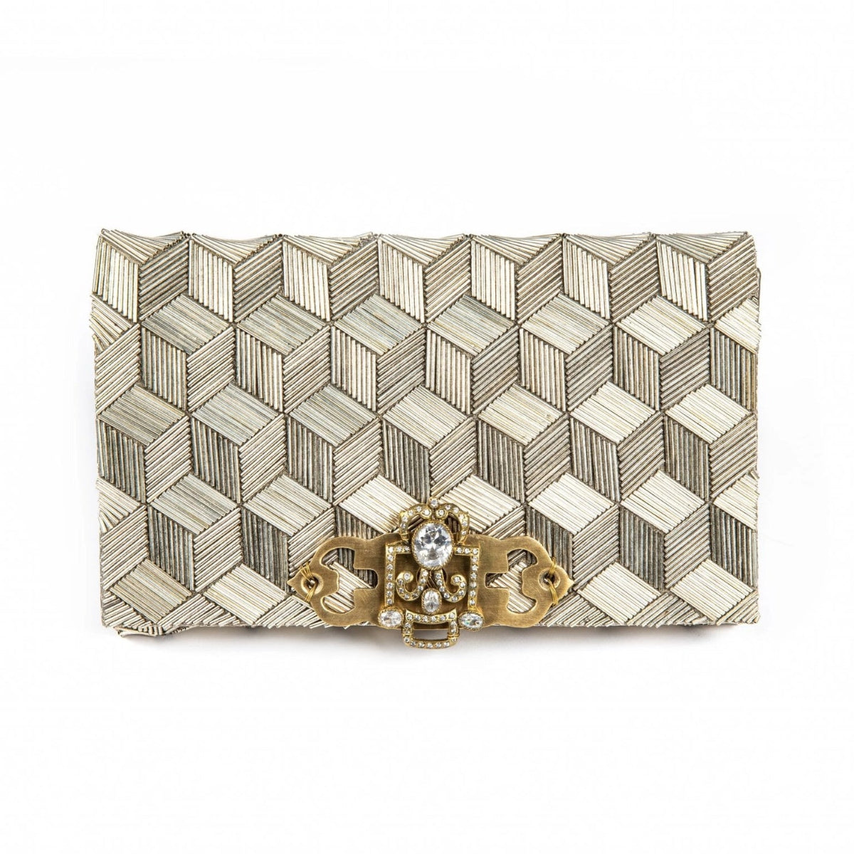 Patterned clutch bag with a gold clasp on a white background