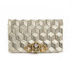 Patterned clutch bag with a gold clasp on a white background