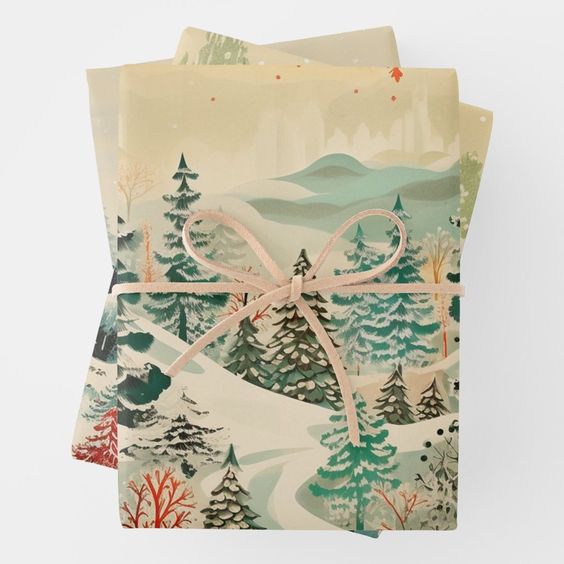 Vintage Painted Trees Christmas Wrapping Paper Trio