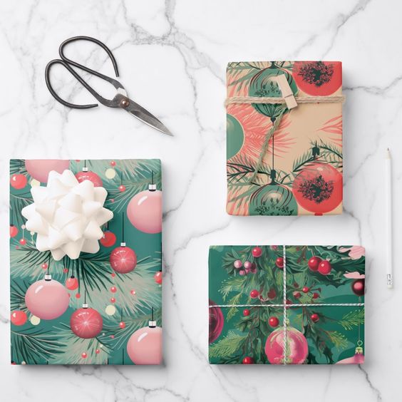 Mid-Century Pink Christmas Wrapping Paper Trio