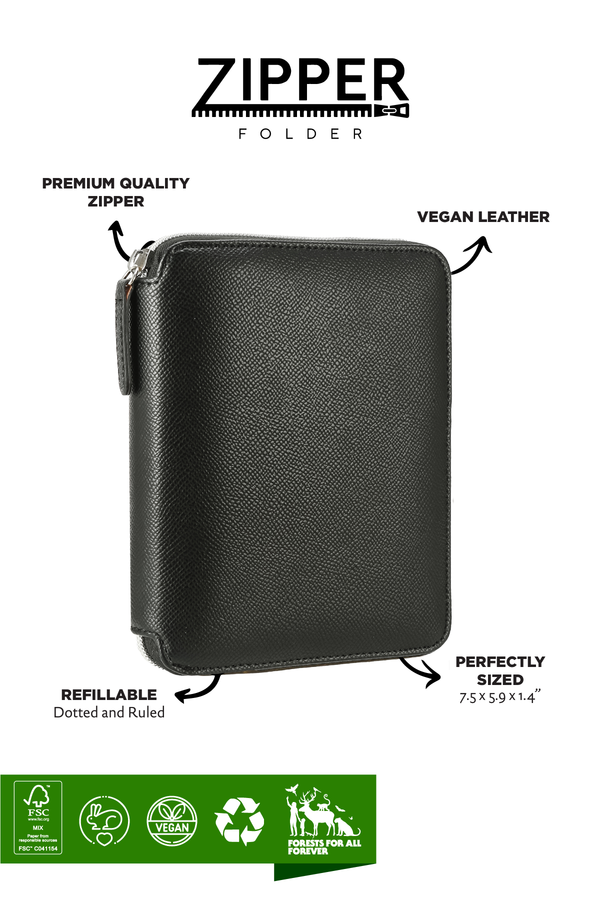 Black Vegan Leather Zippered Portfolio Ruled Notebook