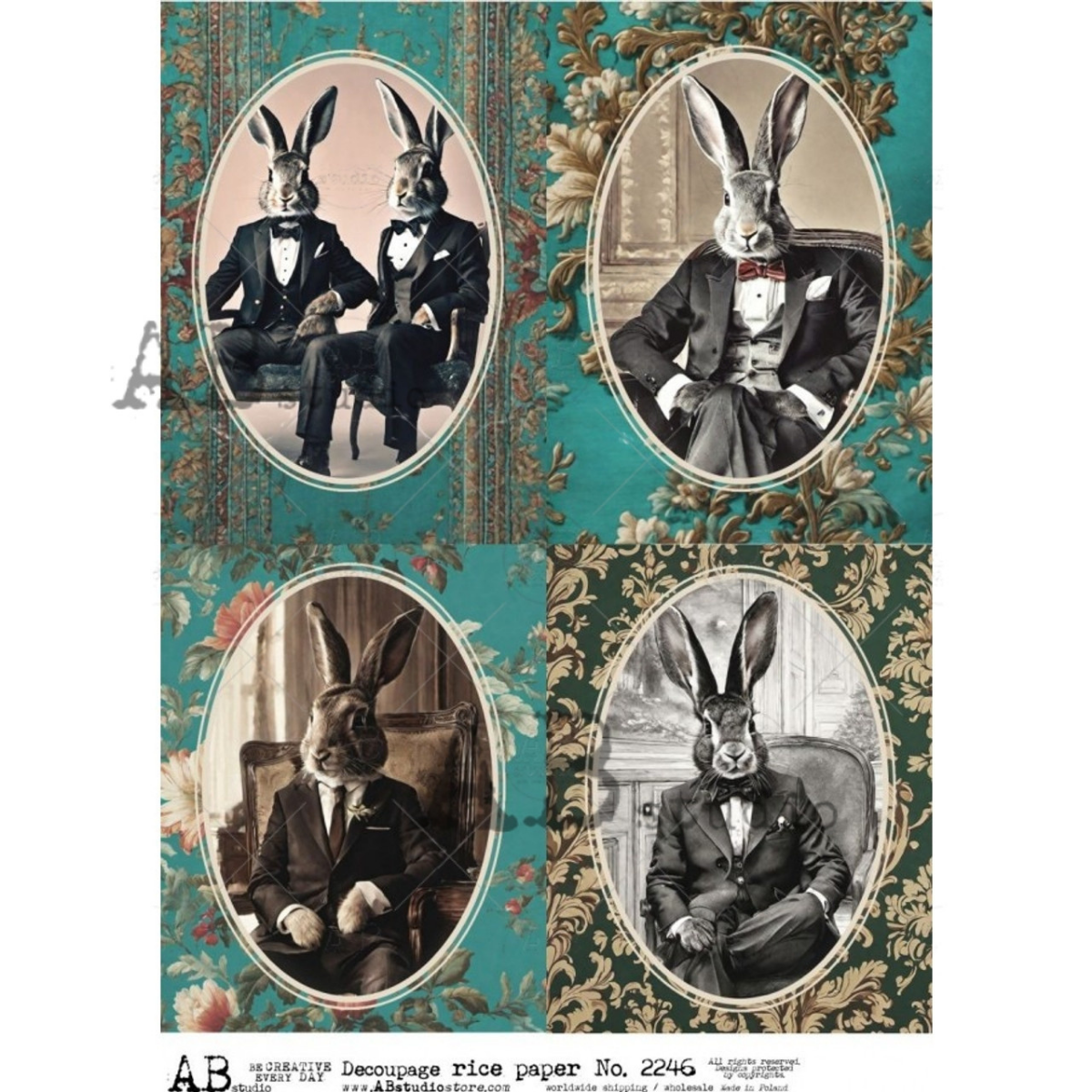 Distinguished Bunnies 4-up A4 Decoupage Rice Paper