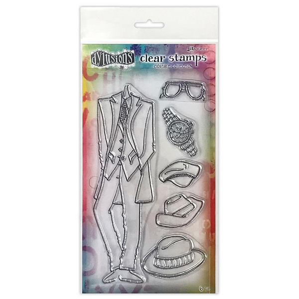 Packaging of Dylusions Clear Stamp Set featuring a mannequin wearing a suit and various accessories such as glasses and a tie, with a 'Clear Stamps' label.