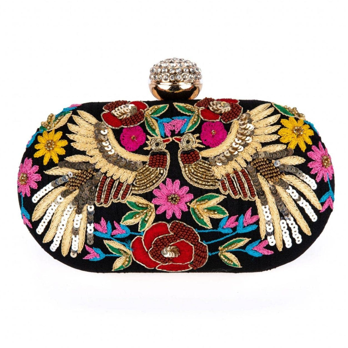 Decorative clutch bag with floral and bird design on a white background