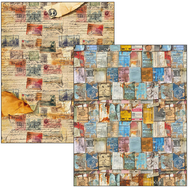 Collage of vintage documents and stamps with a focus on color and texture.