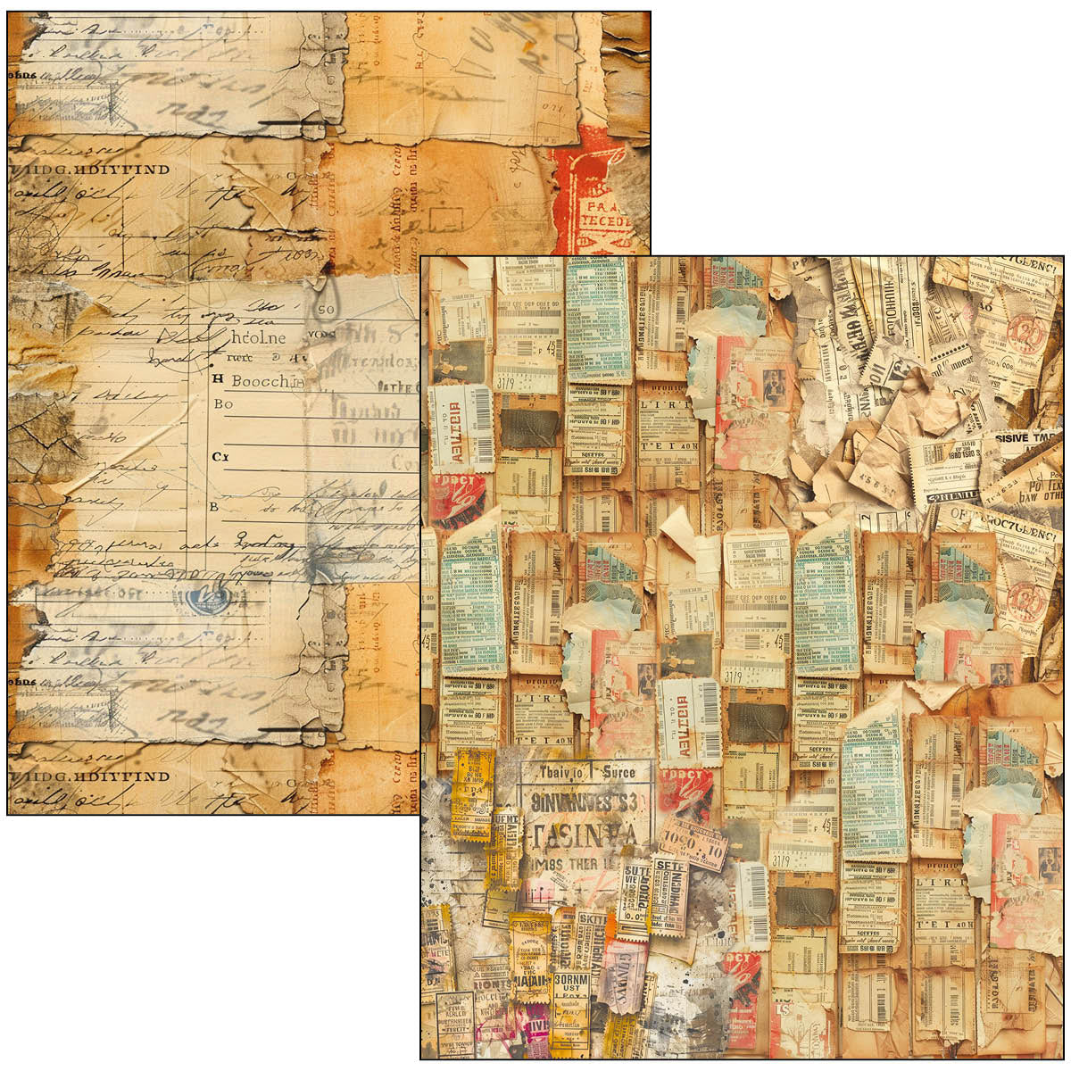Collage of vintage documents with text and images on a textured background