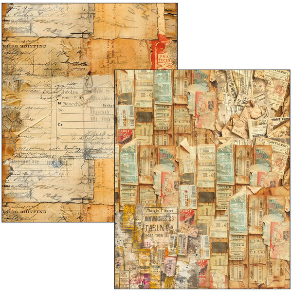 Collage of vintage documents with text and images on a textured background
