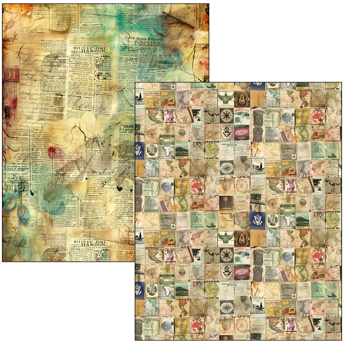 Two textured paper sheets with vintage design elements on a white background
