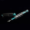 Fountain pen with transparent body and teal accents on a black background
