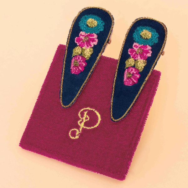 Navy Vintage Floral Embroidered Hair Clips