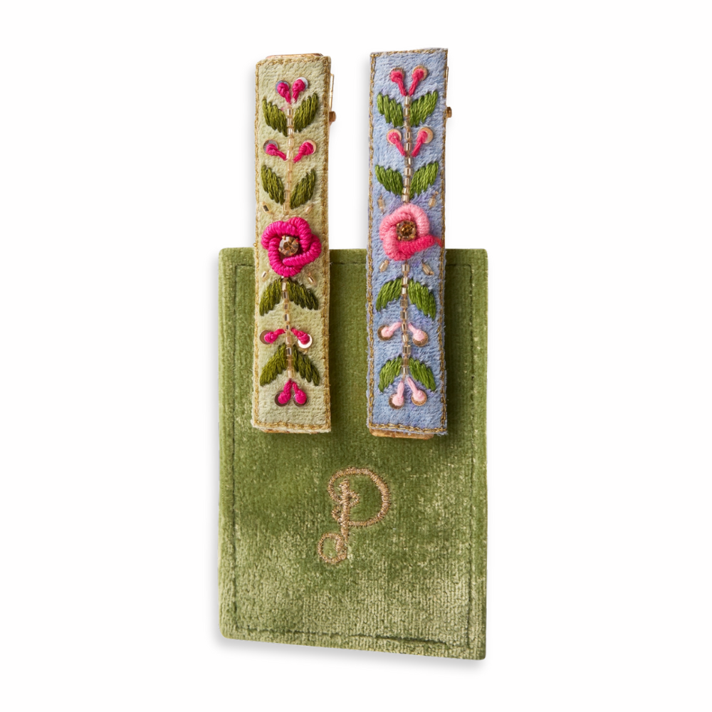 Mint + Cornflower Floral Vines Embroidered Hair Bars