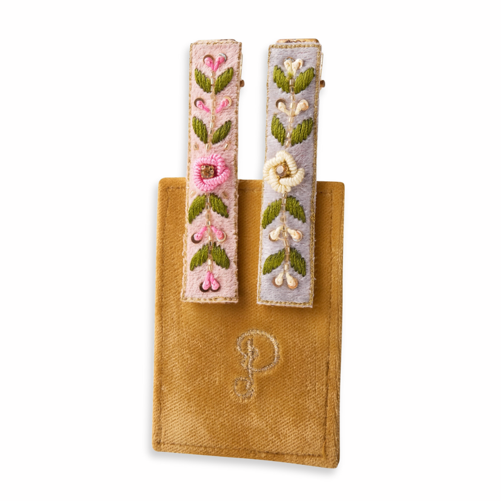 Petal + Powder Blue Floral Vines Embroidered Hair Bars