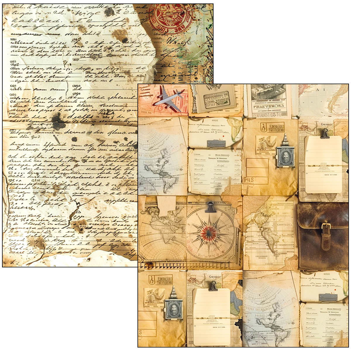 Collage of vintage documents, maps, and travel items with a focus on old-world charm.